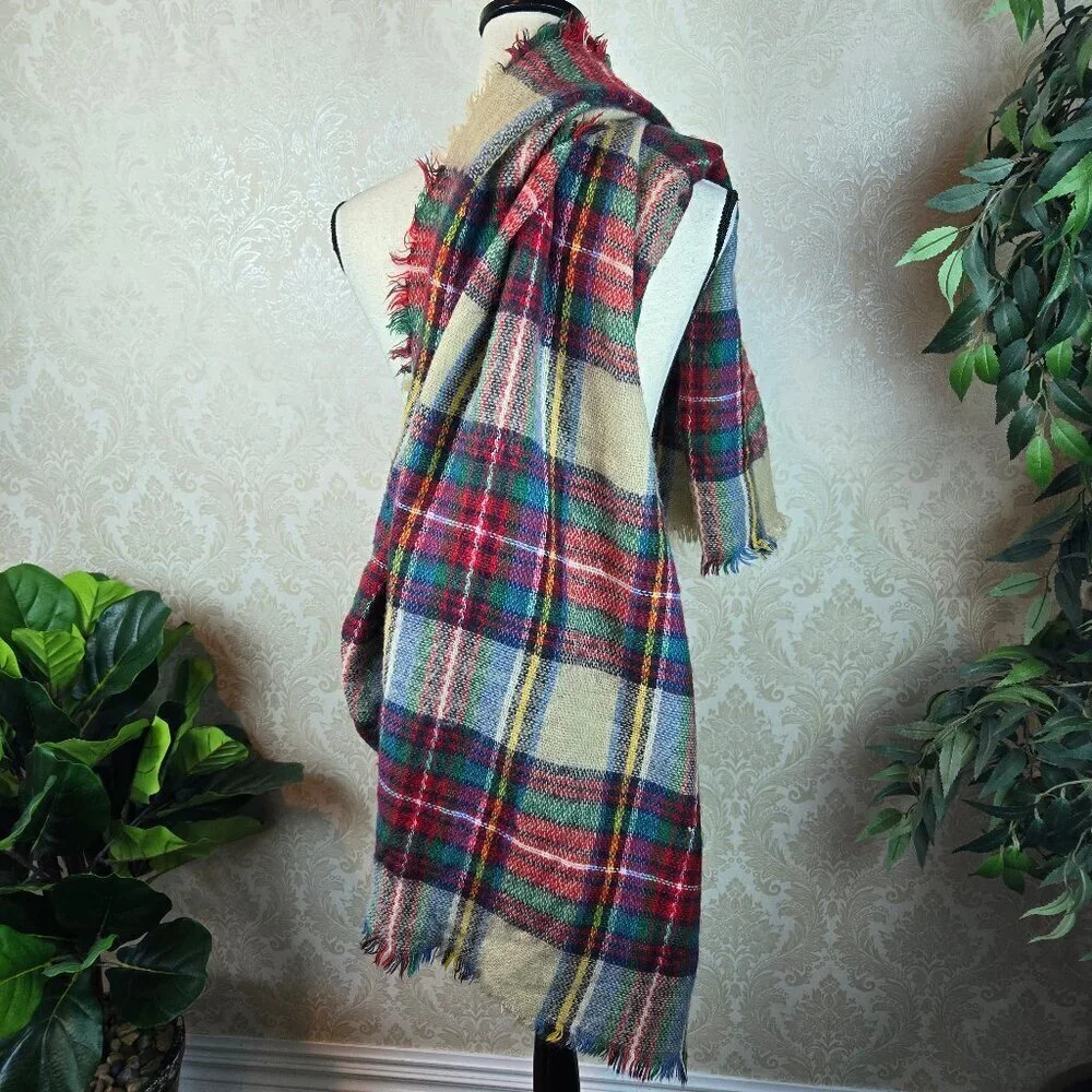 Large Square Plaid Blanket Scarf Red Green Cream Yellow Fringed Edges